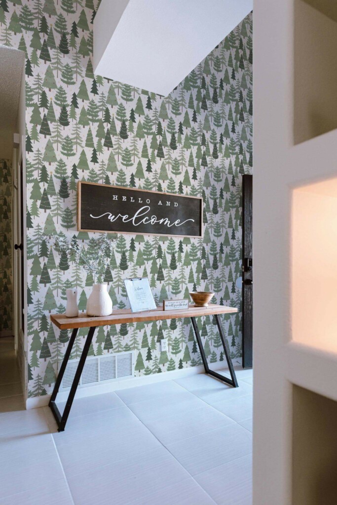 Minimal farmhouse style entryway decorated with Green christmas tree peel and stick wallpaper