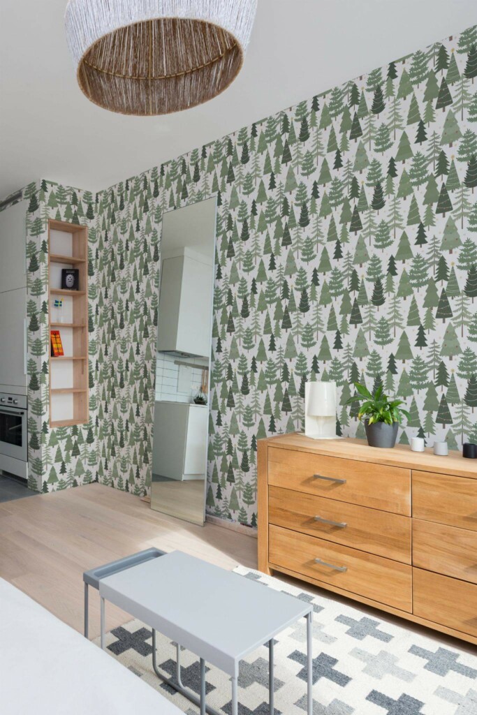 Scandinavian style small apartment decorated with Green christmas tree peel and stick wallpaper