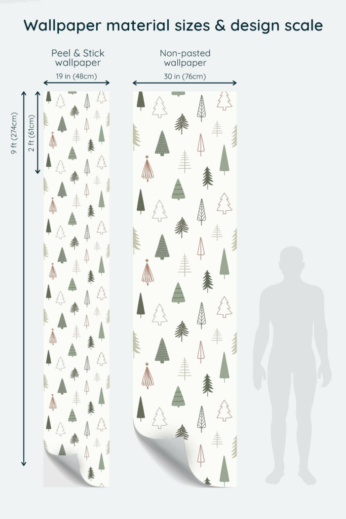 Size comparison of Green Christmas tree Peel & Stick and Non-pasted wallpapers with design scale relative to human figure