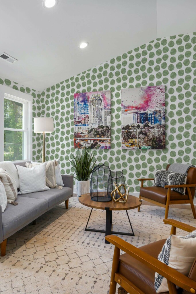 Mid-century modern style living room decorated with Green circle peel and stick wallpaper and colorful funky artwork