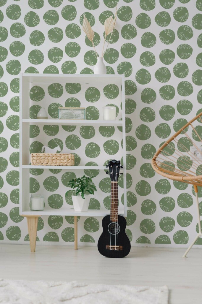 Minimal boho style living room decorated with Green circle peel and stick wallpaper