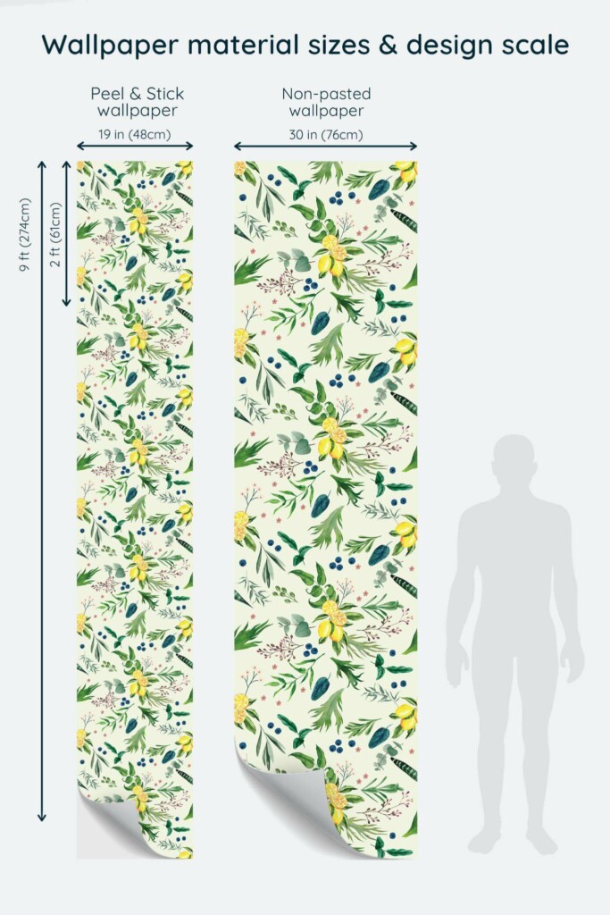 Size comparison of Green Citrus Grove Peel & Stick and Non-pasted wallpapers with design scale relative to human figure