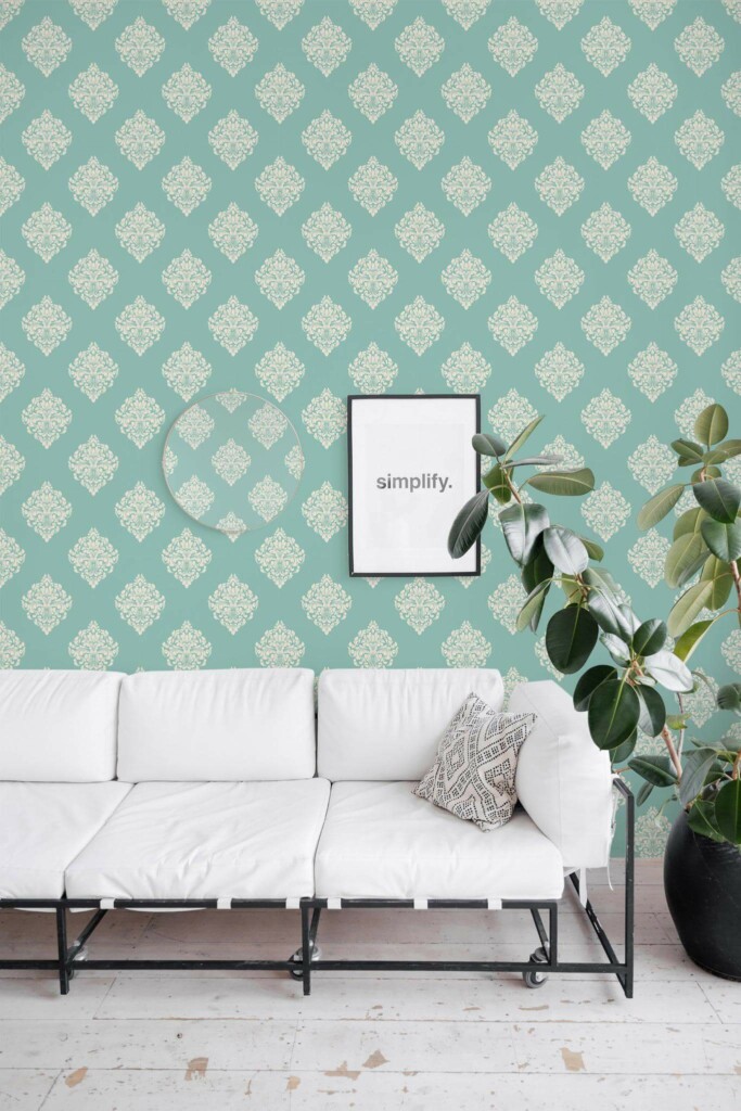 Minimal industrial style living room decorated with Green damask peel and stick wallpaper