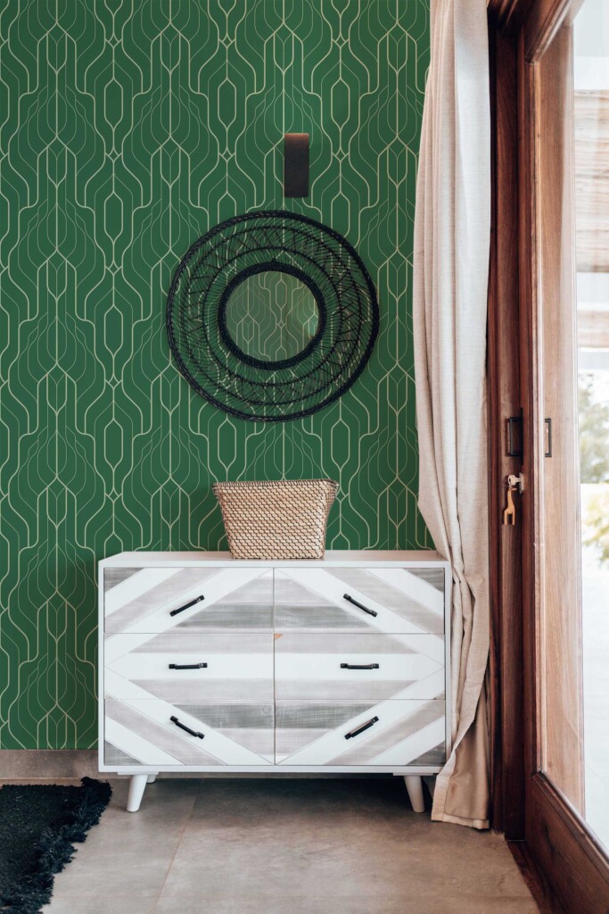 Fancy Walls symmetrical forest green traditional wallpaper with deco motif