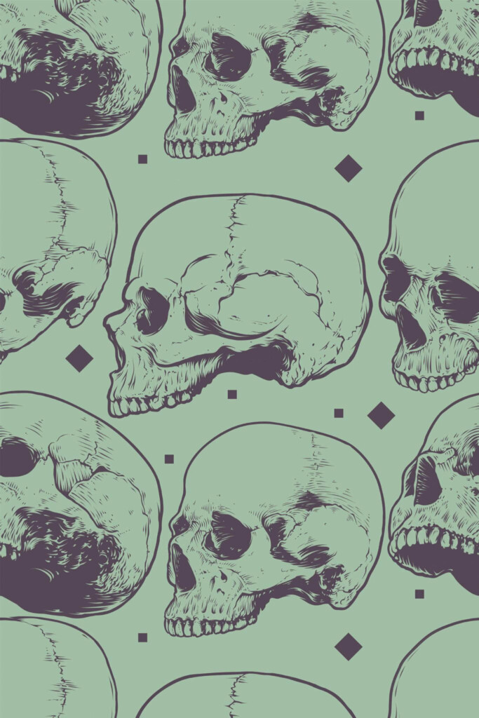 Pattern repeat of Green Edgy Skull removable wallpaper design