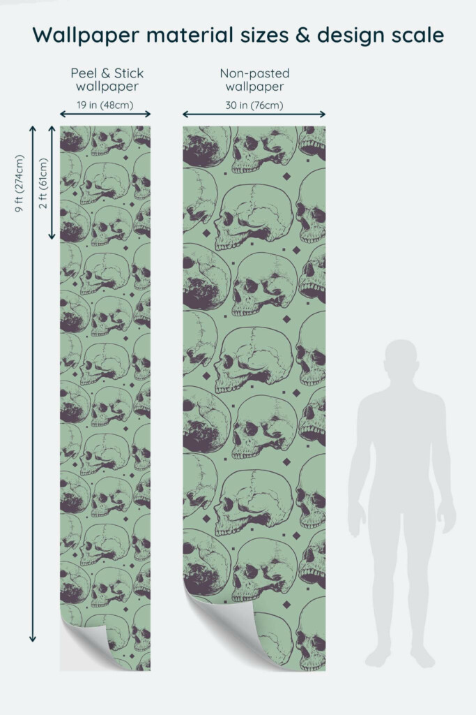 Size comparison of Green Edgy Skull Peel & Stick and Non-pasted wallpapers with design scale relative to human figure