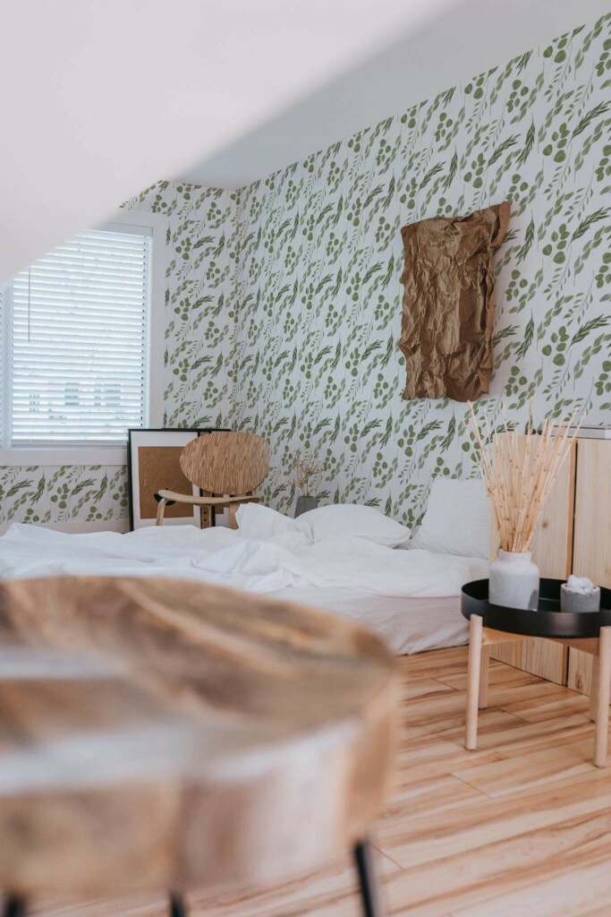Boho style bedroom decorated with Green eucalyptus leaf peel and stick wallpaper