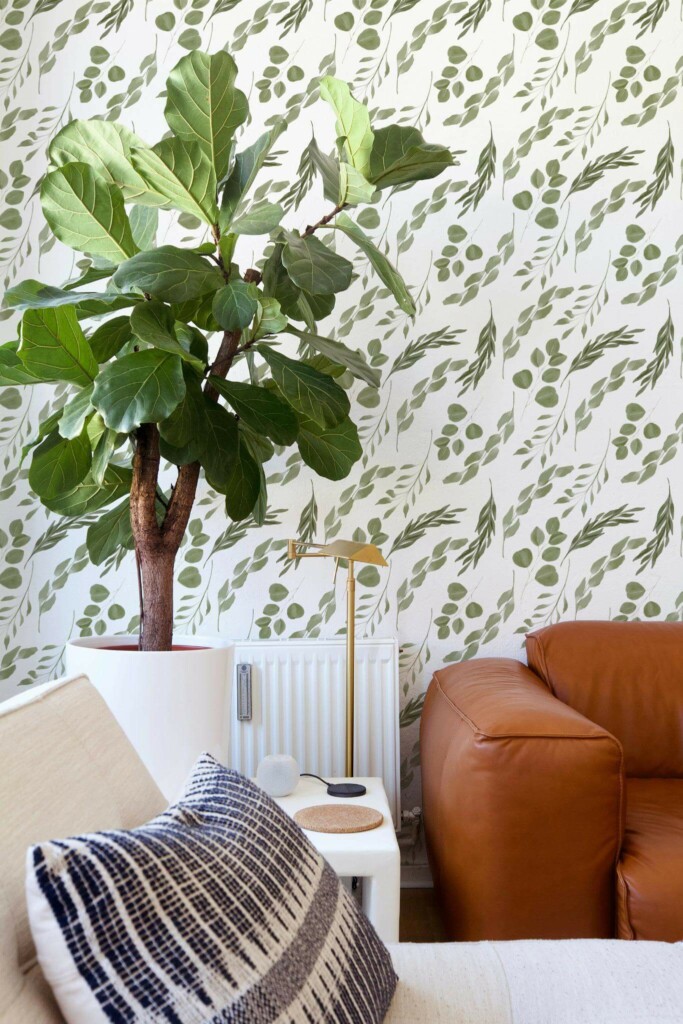 Mid-century style living room decorated with Green eucalyptus leaf peel and stick wallpaper