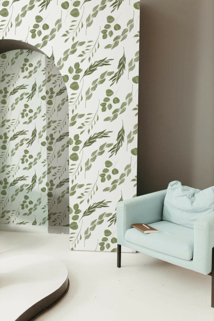Mondern boho style living room decorated with Green eucalyptus leaf peel and stick wallpaper