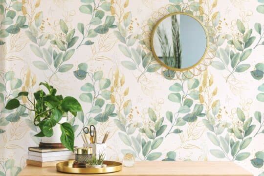 Green and white eucalyptus leaf peel and stick removable wallpaper