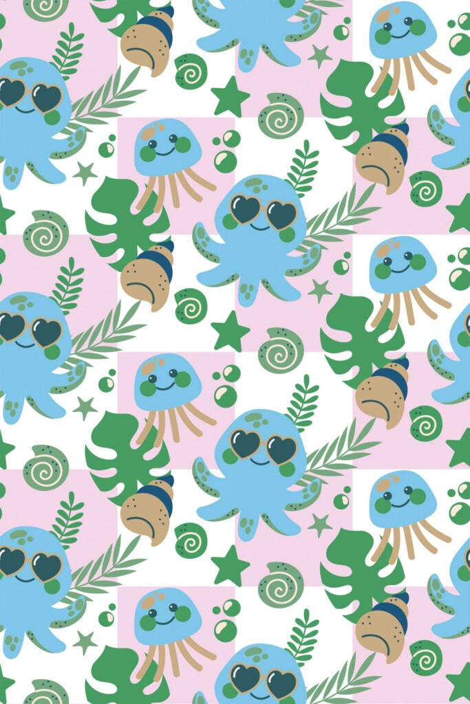 Fancy Walls Green Fish wallpaper for Kids room walls in Cute Kawaii style self-adhesive wallpaper.