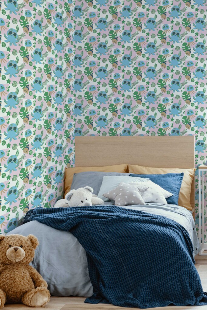 Fancy Walls Green Fish wallpaper for Kids room walls in Cute Kawaii style traditional wallpaper.