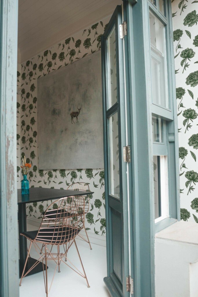 Minimal coastal style cafe decorated with Green floral kitchen peel and stick wallpaper