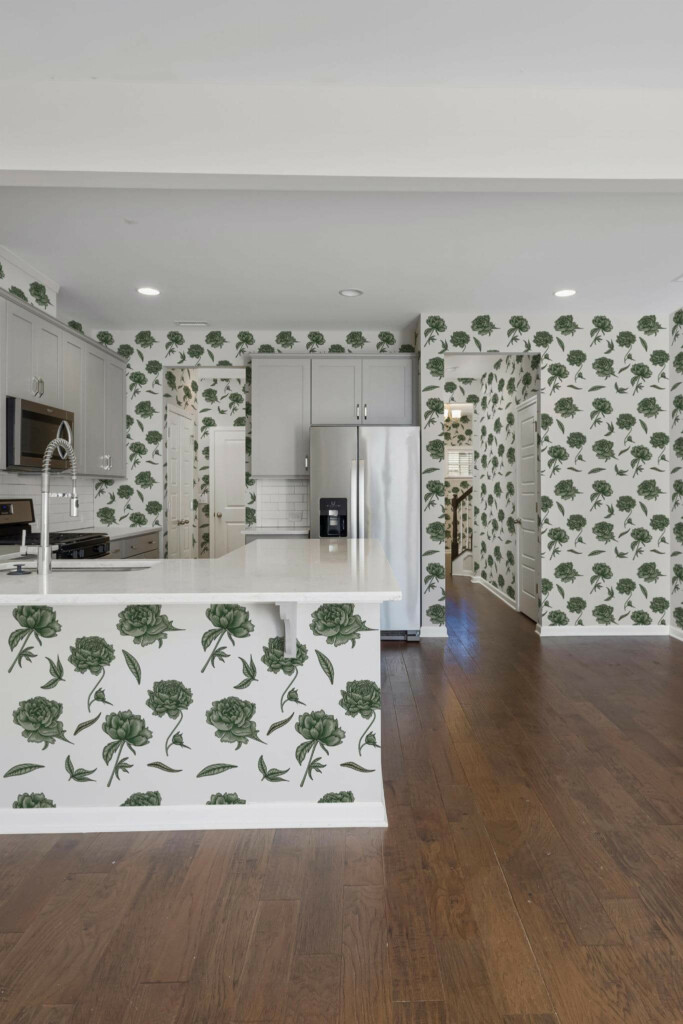 Minimal scandinavian style kitchen decorated with Green floral kitchen peel and stick wallpaper