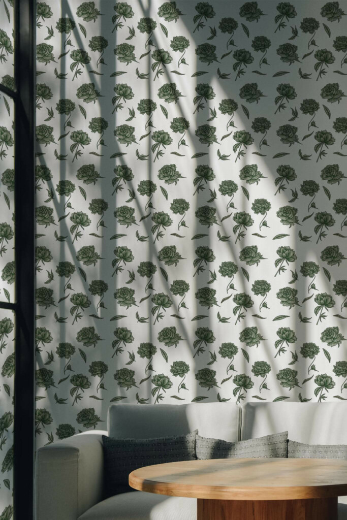 Scandinavian style living room decorated with Green floral kitchen peel and stick wallpaper
