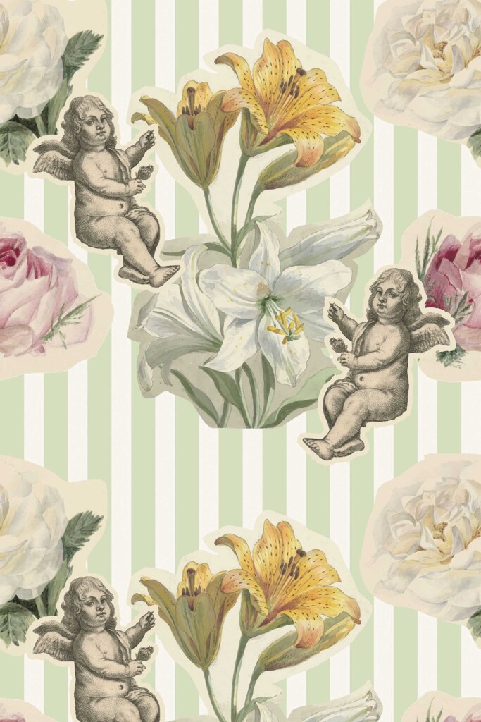Sage green floral angel removable wallpaper by Fancy Walls