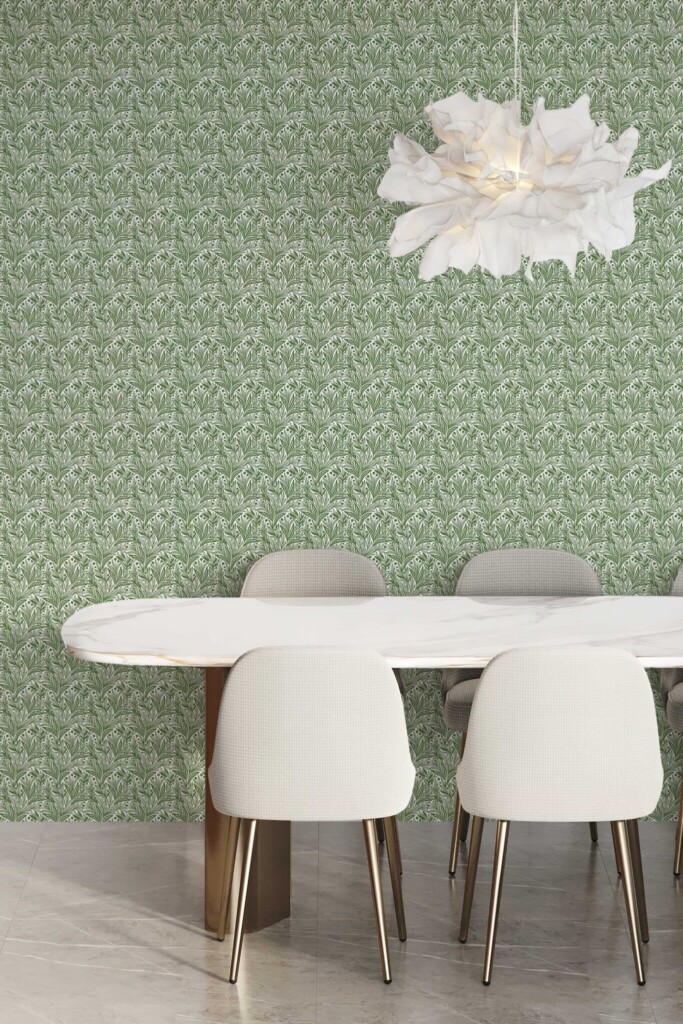 Fancy Walls self-adhesive wallpaper in green floral pattern for dining room walls. Seamless Biophilic wallpaper peel and stick or non-pasted