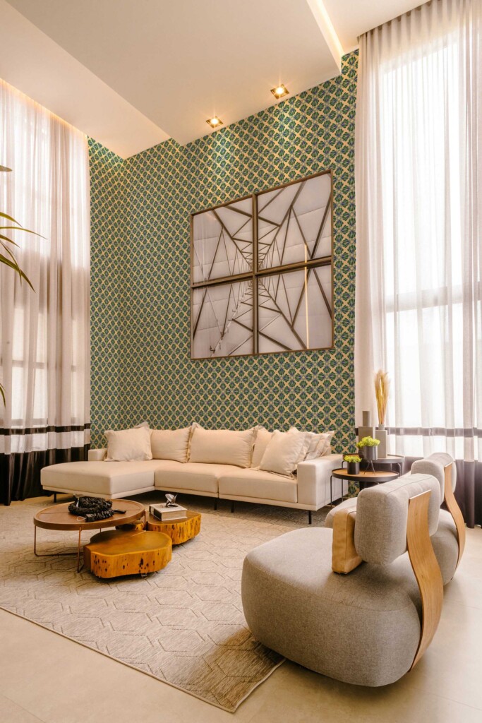Green Floral self-adhesive wallpaper with blue and yellow accents by Fancy Walls