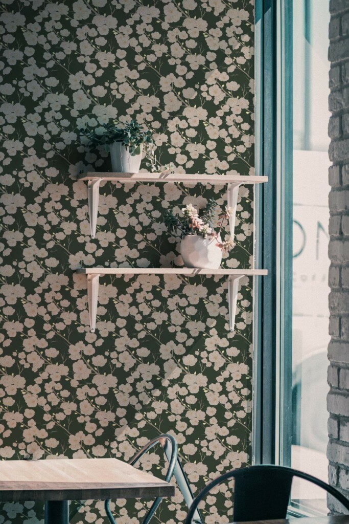Industrial style cafe decorated with Green floral peel and stick wallpaper