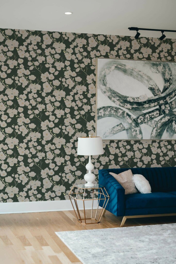 Modern style living room decorated with Green floral peel and stick wallpaper