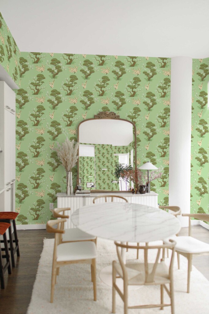 Fancy Walls self-adhesive wallpaper with green floral pattern in chinoiserie style. Vintage Cherry tree peel and stick or non-pasted wallpaper