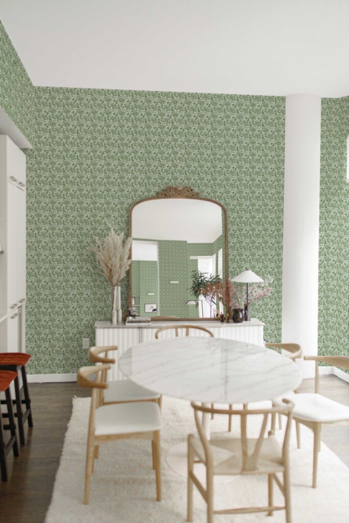 Fancy Walls peel and stick wallpaper in green floral pattern for dining room walls