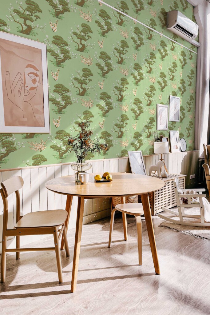 Fancy Walls peel and stick wallpaper in green floral pattern for dining room walls