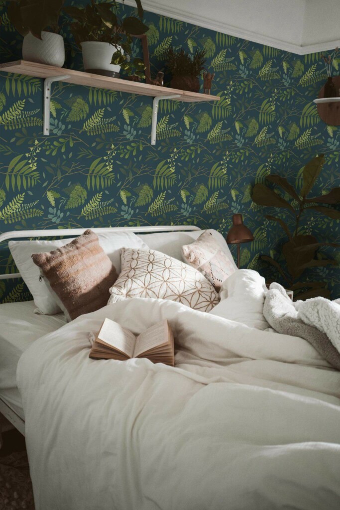 Boho style bedroom decorated with Green forest peel and stick wallpaper