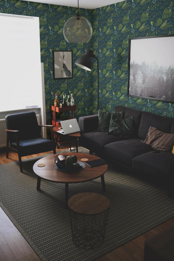 Modern dark industrial style living room decorated with Green forest peel and stick wallpaper