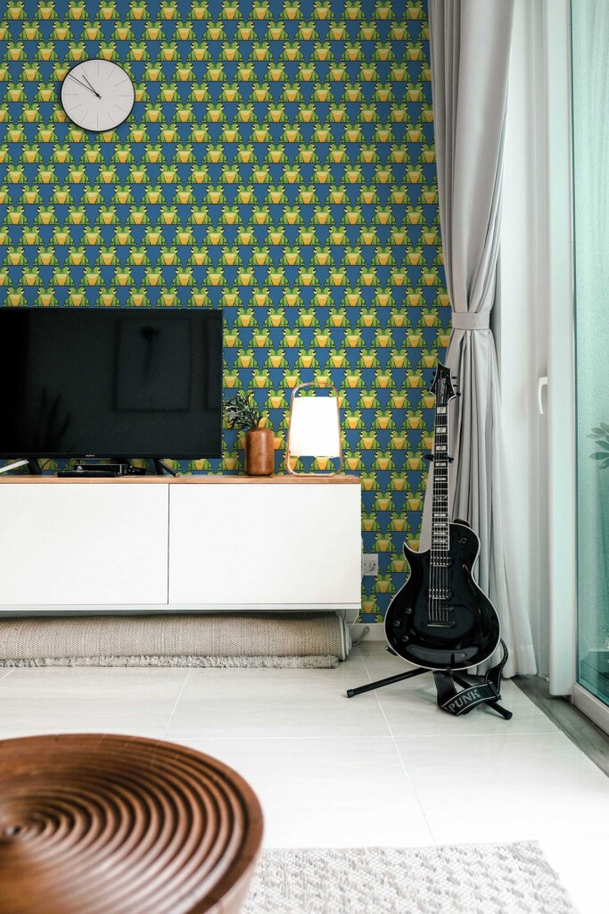 Fancy Walls peel and stick wallpaper with green pixel frogs