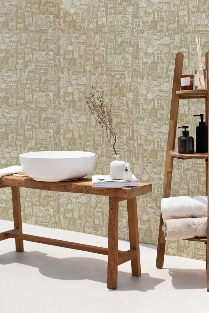 A modern powder room setup with light wood accents and Town Bakery green wallpaper. The wallpaper’s fun green cityscape pattern contrasts softly with white ceramics and natural textures, creating a cozy and inviting bathroom or spa-like space. This interior blends minimalist and rustic elements with a hint of urban charm.