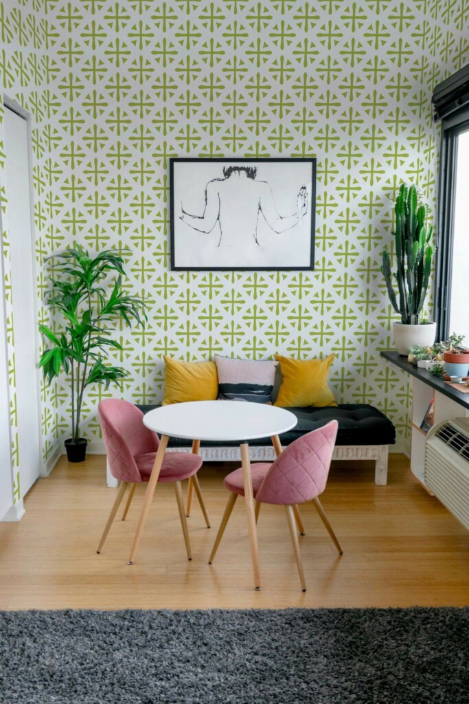 Eclectic style living room decorated with Green geometric peel and stick wallpaper