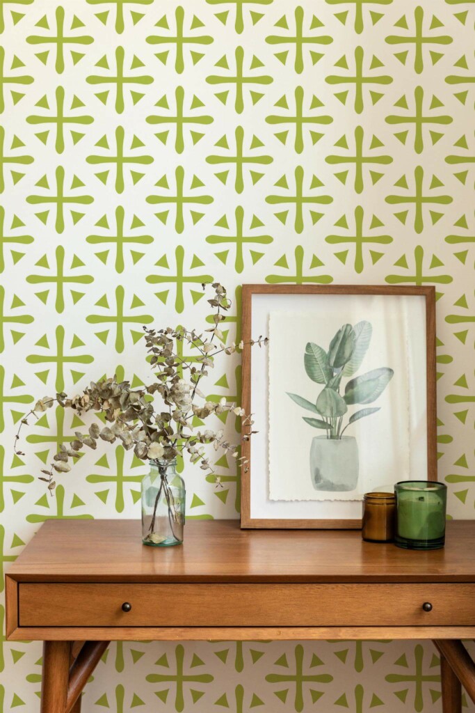 Mid-century modern style living room decorated with Green geometric peel and stick wallpaper