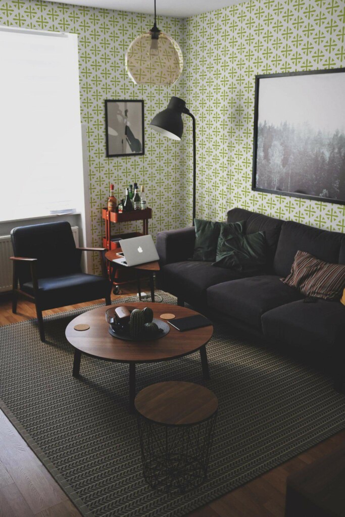 Modern dark industrial style living room decorated with Green geometric peel and stick wallpaper