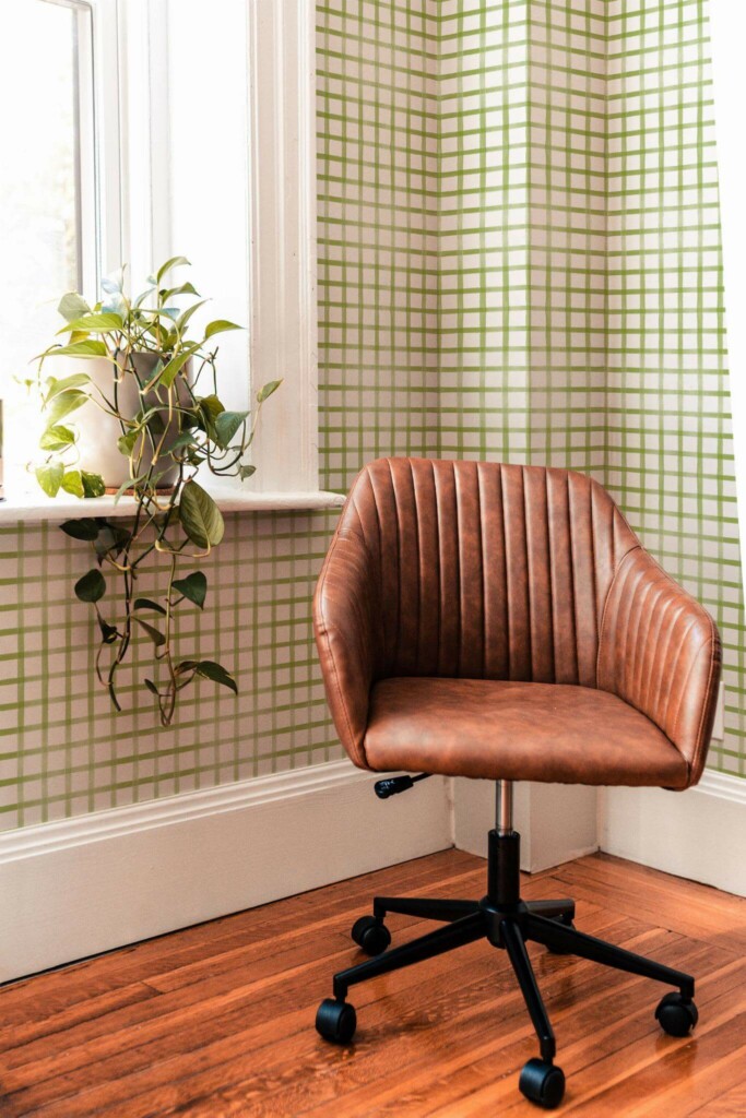 Mid-century modern style living room decorated with Green gingham peel and stick wallpaper