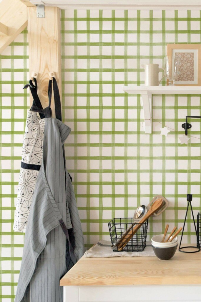 Minimal scandinavian style kitchen decorated with Green gingham peel and stick wallpaper