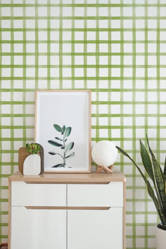 Watercolor green gingham peel and stick wallpaper