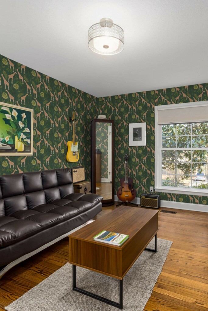 Mid-century style living room decorated with Green giraffe peel and stick wallpaper and music instruments