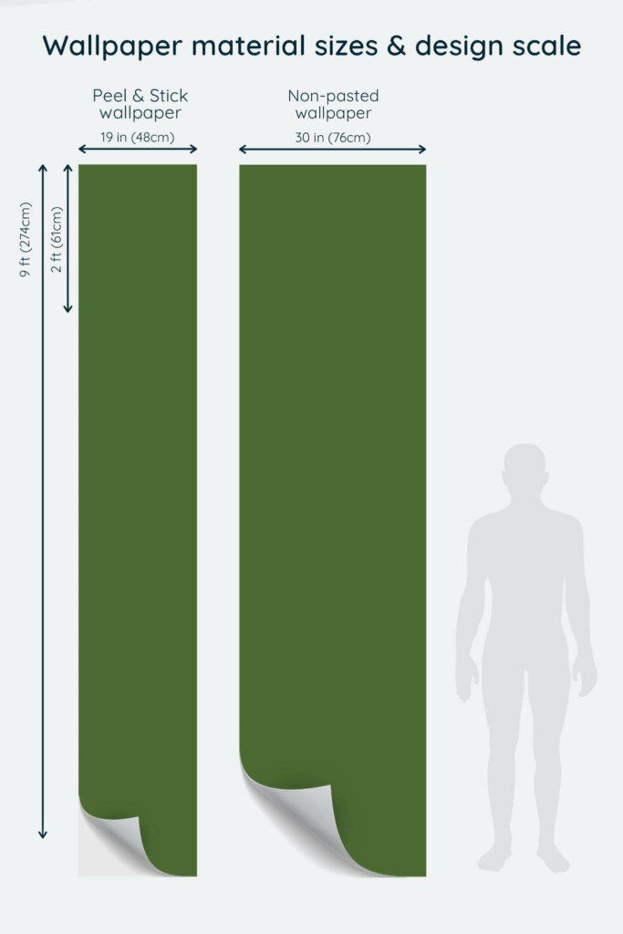 Size comparison of Green grass solid color Peel & Stick and Non-pasted wallpapers with design scale relative to human figure