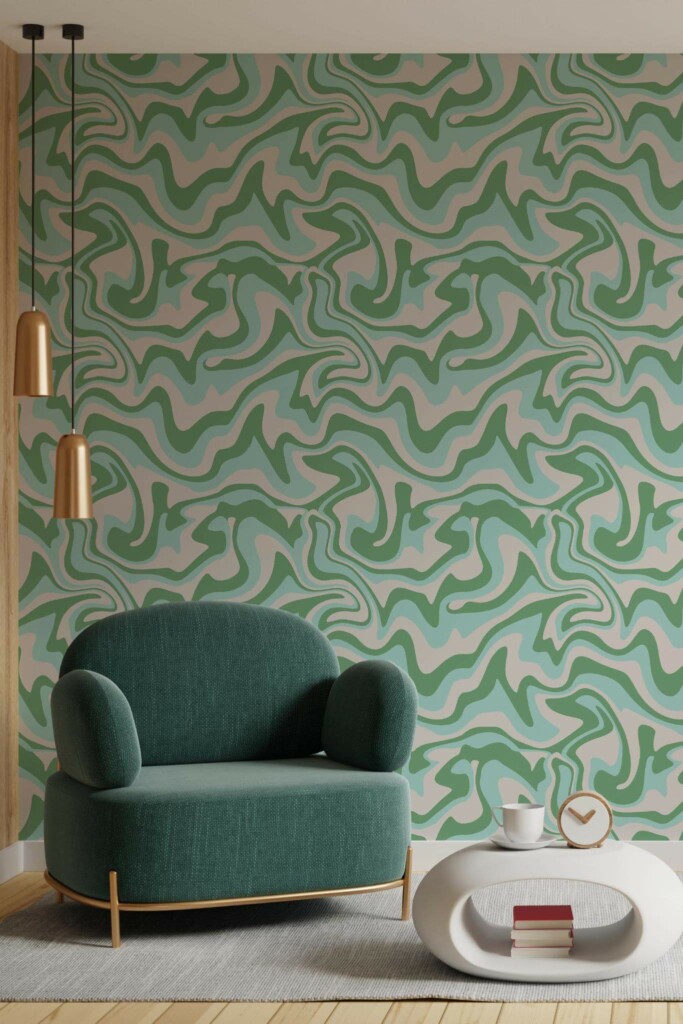 Contemporary style living room decorated with Green groovy peel and stick wallpaper