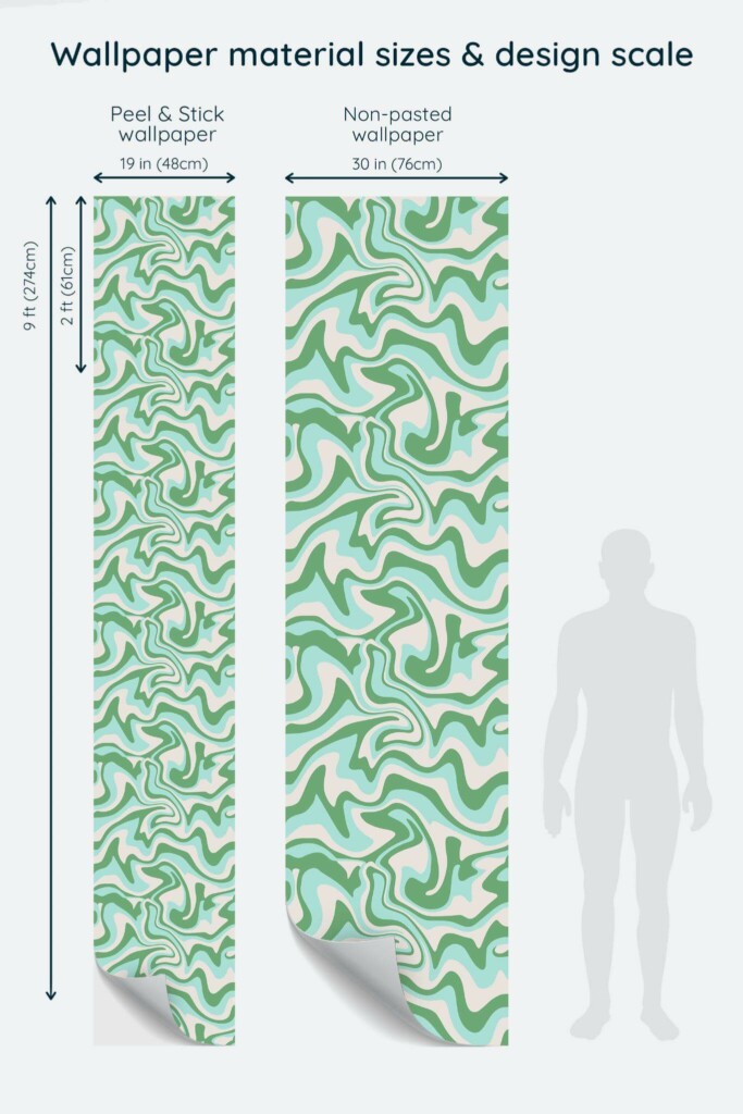 Size comparison of Green groovy Peel & Stick and Non-pasted wallpapers with design scale relative to human figure