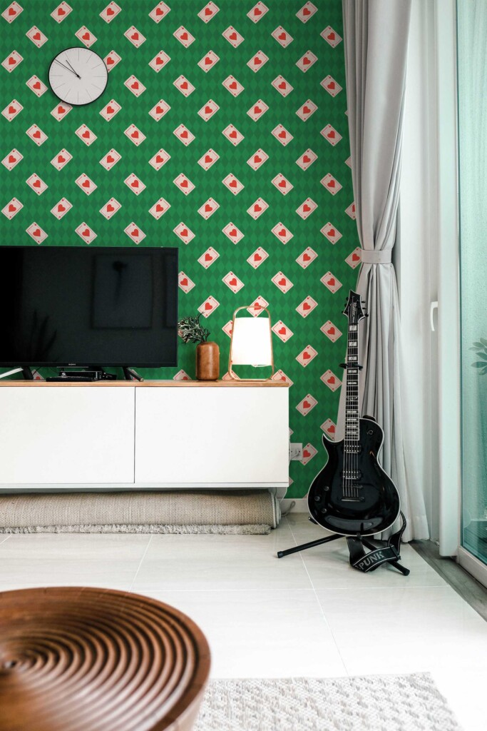 Fancy Walls self-adhesive wallpaper featuring ace cards and retro checker pattern. Flying Aces wallpaper in modern game room