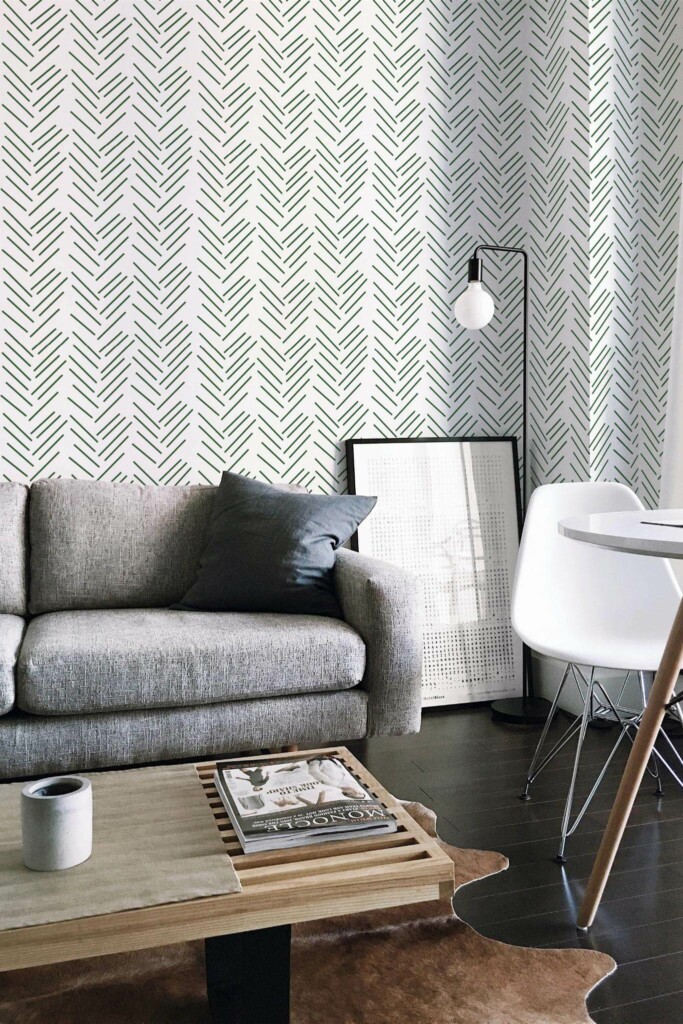Industrial scandinavian style living room decorated with Green herringbone peel and stick wallpaper