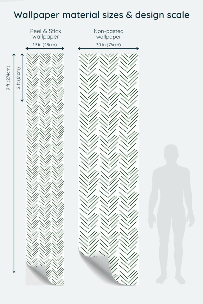 Size comparison of Green herringbone Peel & Stick and Non-pasted wallpapers with design scale relative to human figure