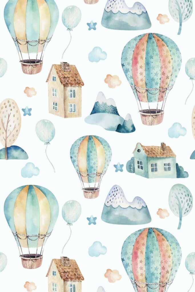Pattern repeat of Green hot air balloon removable wallpaper design