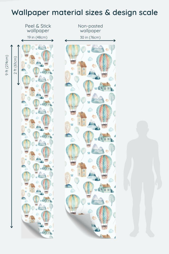 Size comparison of Green hot air balloon Peel & Stick and Non-pasted wallpapers with design scale relative to human figure