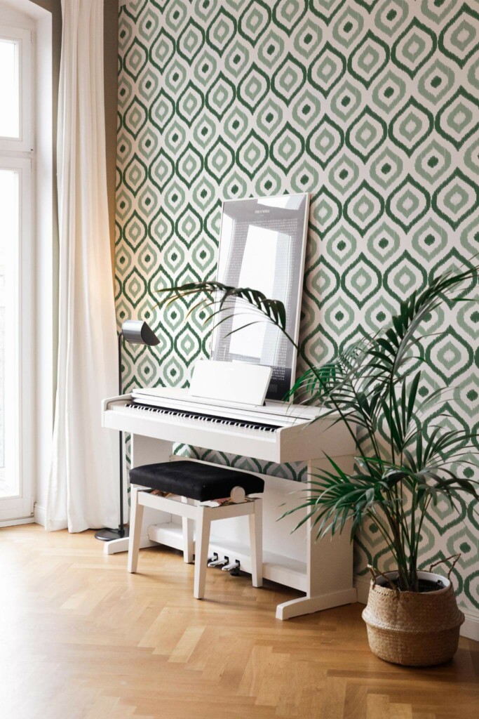 Modern style living room with a piano decorated with Green ikat peel and stick wallpaper