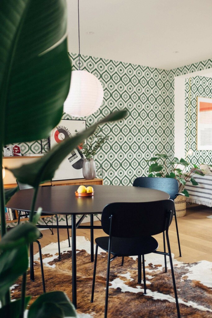 Scandinavian style dining room decorated with Green ikat peel and stick wallpaper