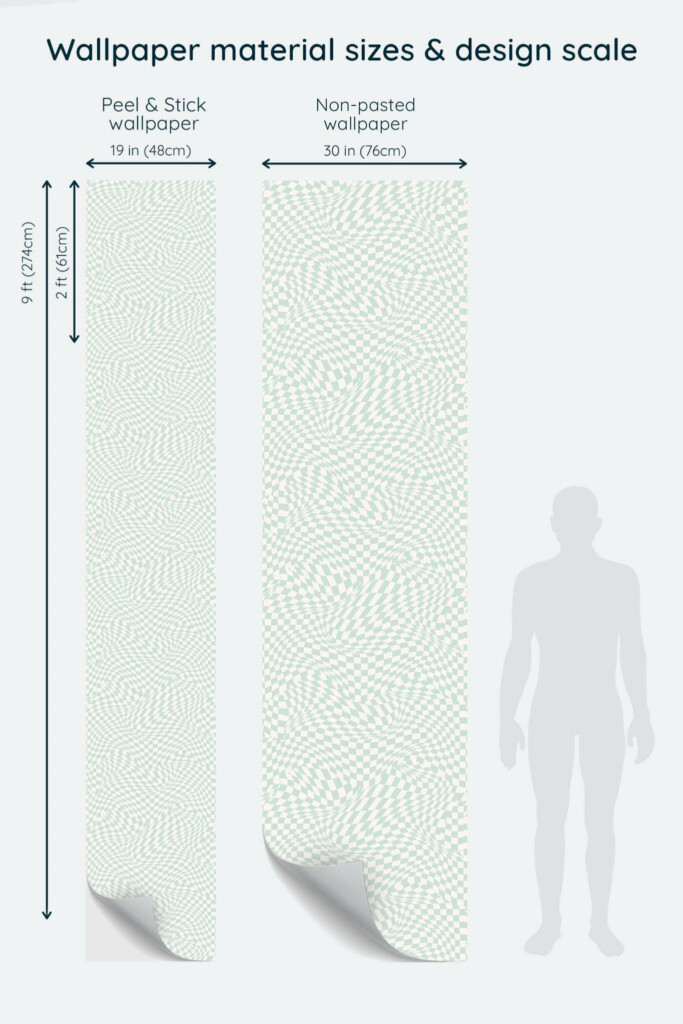 Size comparison of Green illusion abstract Peel & Stick and Non-pasted wallpapers with design scale relative to human figure