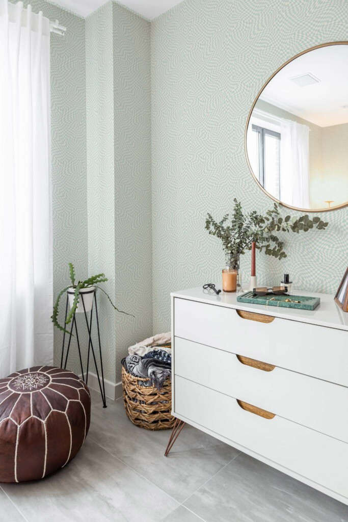Scandinavian style bedroom decorated with Green illusion peel and stick wallpaper and Mediterranean accents